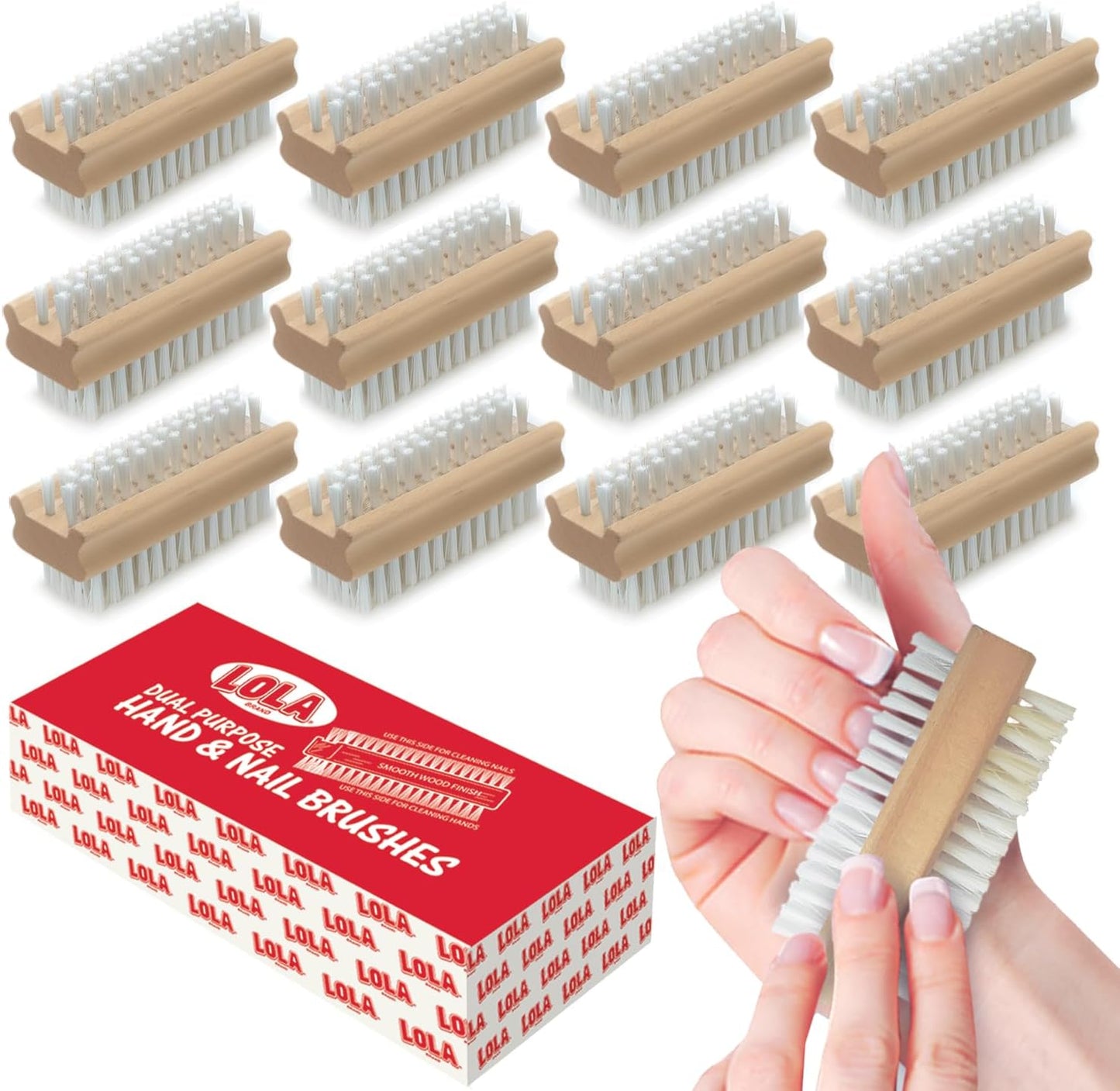 LOLA Classic Hand & Nail Wood Brush, 12 Pack, Heavy Duty 2 Sided Soft & Stiff Bristles, Cleans Hands, Fingernails, Feet & Toenails