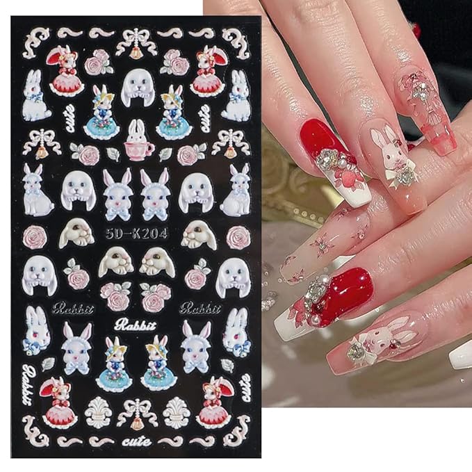 SINSEN Easter Nail Art Stickers Cute Bunny Nail Decals, 3Sheets 5D Embossed Easter Day Nail Art Supplies Cartoon Rabbit Butterfly Flower Nail Stickers for Acrylic Nails Women Easter Nail Decorations