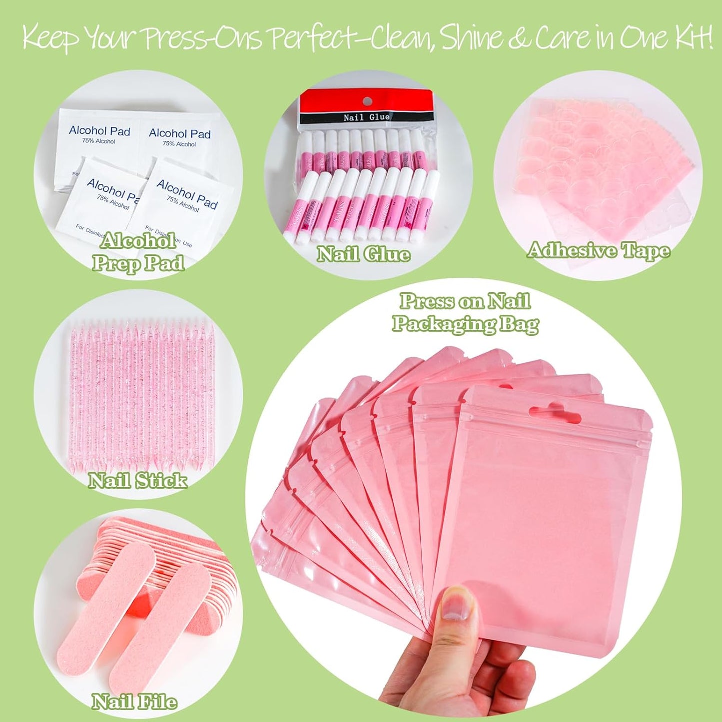 Press On Nail Tool Kit with Everything, Bebbtiy Press On Nail Prep Tool Kit Disposable Manicure Kit with Nail File, Nail Glue, Prep Pads, Adhesive Nail Tabs, Wood Stick, Packaging Bag (20pcs-pink)