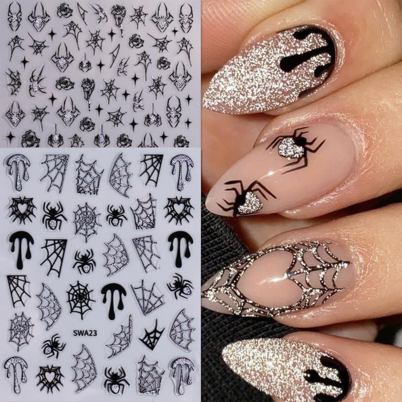 7 Sheets Halloween Nail Stickers 3D for Nail Art Glitter Heart Spider Web Flame Stars Punk Gothic Slider Manicure DIY Nail Art Decoration Accessories for Halloween Party