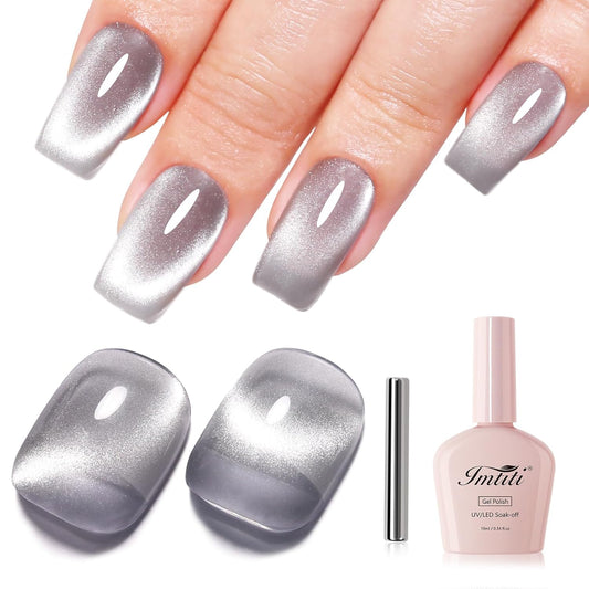 Imtiti Glass Silver Cat Eye Gel Nail Polish with Magnet, Holographic Glitter Shimmer Magnetic UV Gel Polish for Nail Art Soak off UV Led