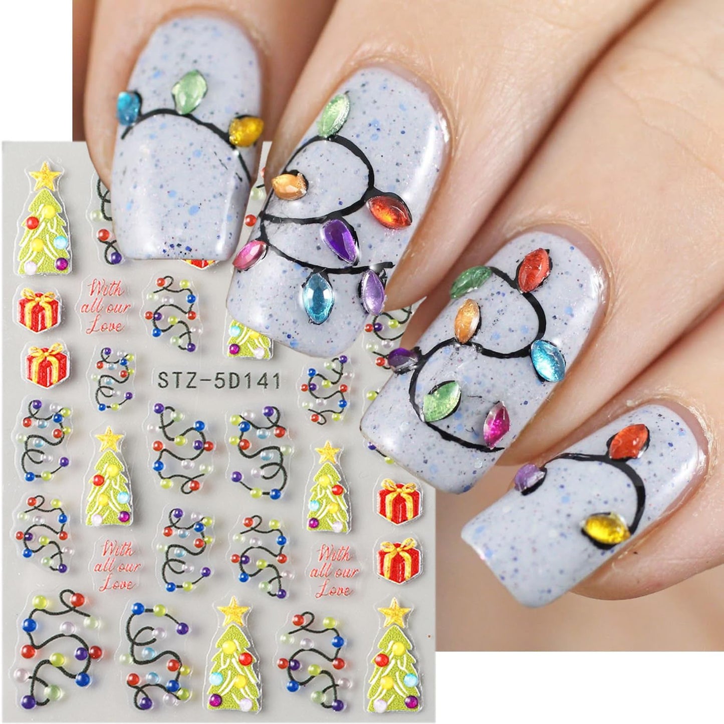 2 Sheets Christmas Nail Stickers for Nail Art Embossed New Year Light Strip Nail Art Stickers 5D Self-Adhesive Xmas Gift Nail Design Supplies Winter Christmas Tree Nail Decals for Women Holiday Decor