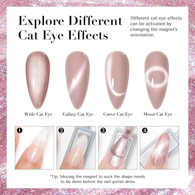 AZUREBEAUTY Cat Eye Nail Polish no Gel Fast Drying Pink Shimmer 2 Colors Natural Nail Lacquer High Shine DIY Salon Home Women Gifts