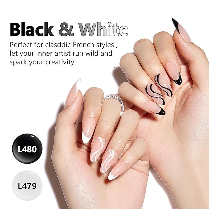 10ML Gel Nail Polish Liner Set - Black White Colors Polish Gel Paint for Swirl Nails Built Thin Nail Art Brush in Pens UV Soak off Gifts for Women