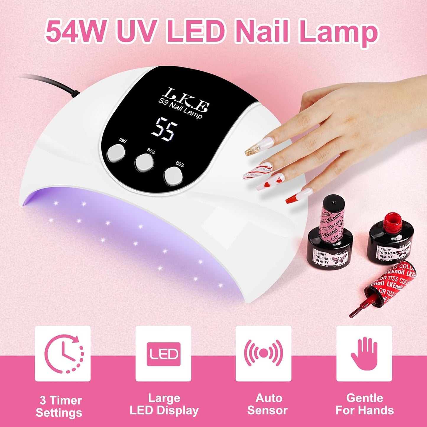 UV Light for Gel Nails,LKE 54W UV LED Nail Lamp with 18 Beads 3 Timer Setting Auto Sensor Nail Dryer Gel Polish Polygel Fast Curing Manicure Professional UV Nail Light Home Salon Nail Tools