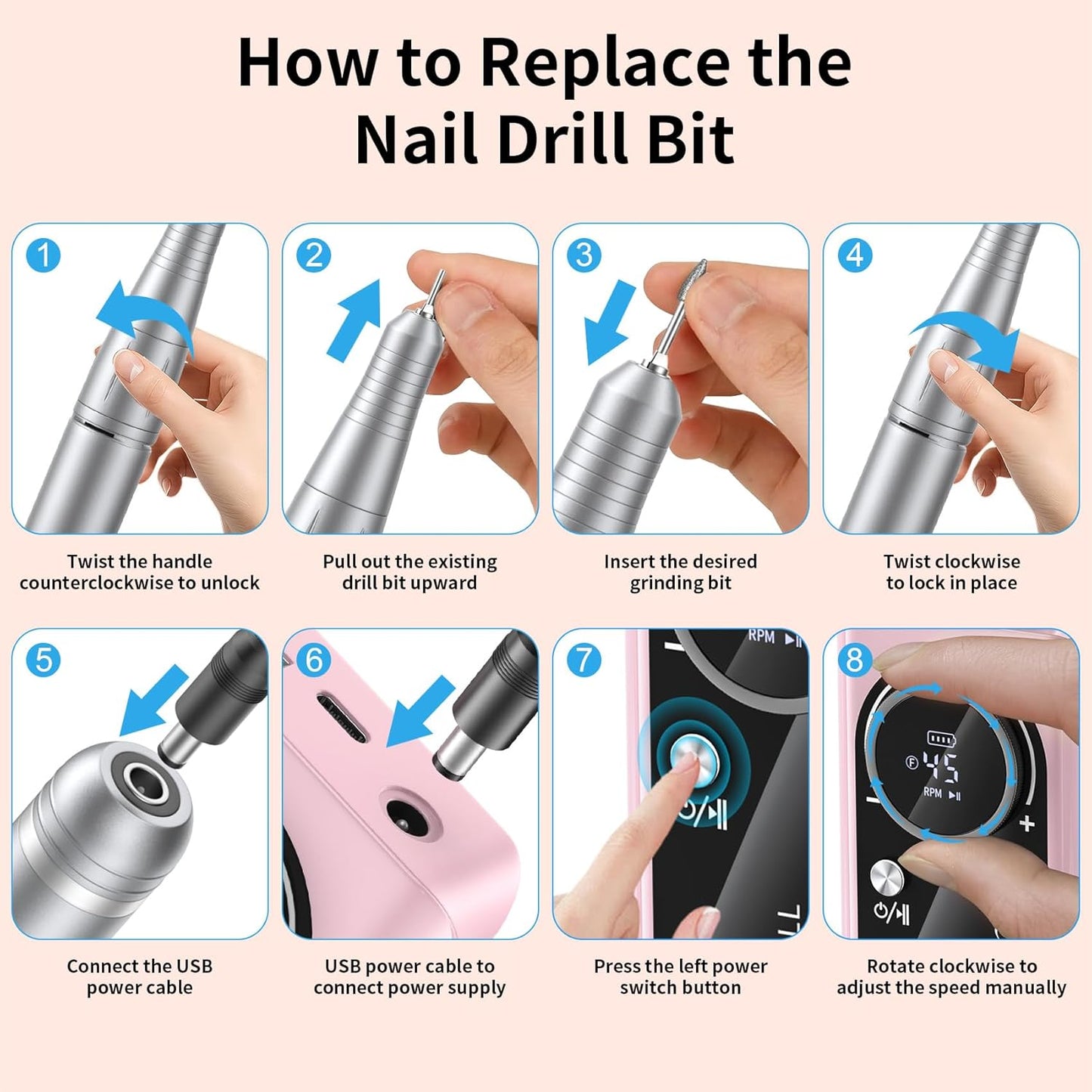 Electric Nail Drill Machine 45,000RPM - Professional Electric and Rechargeable Nail Drill with LCD Display, 6 Bits and 30 Sanding Bands, Low Heat Quiet E-File for Acrylic Gel Nails (Light Pink)