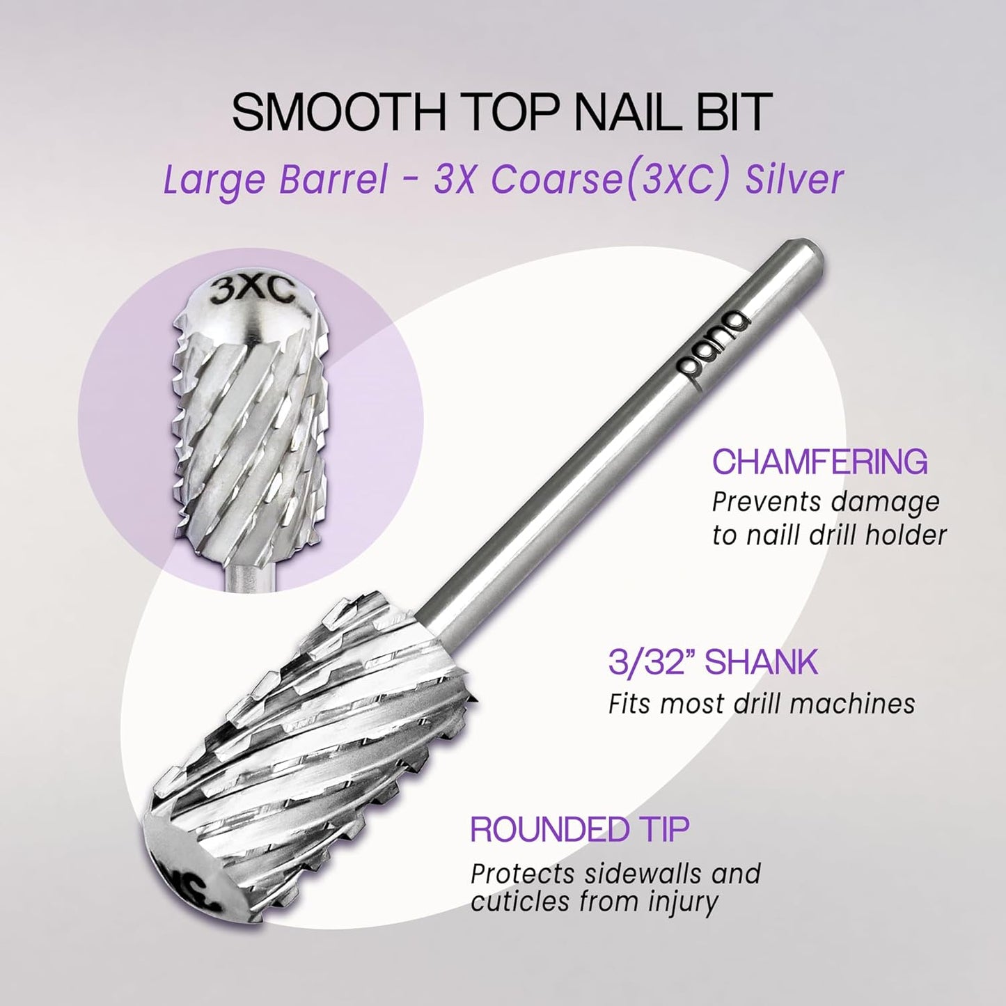 PANA 3/32" Large Smooth Round Top Safety Carbide Nail Drill Bit for Gel Polish & Acrylic Removal Nail Salon Manicure Pedicure Electric File Tools (Large Barrel - Silver, 3X Coarse)