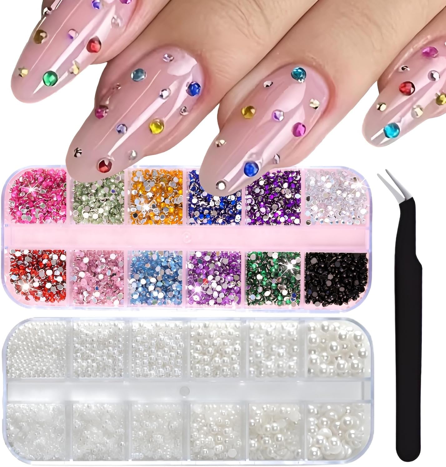 24 Grid Colorful Nail Charms 3D Flat Back Nail Rhinestone Half Round Pearl Nail Art Charms and Gems Kits Colorful Rhinestones for Crafting DIY Nail Art Makeup Decoration