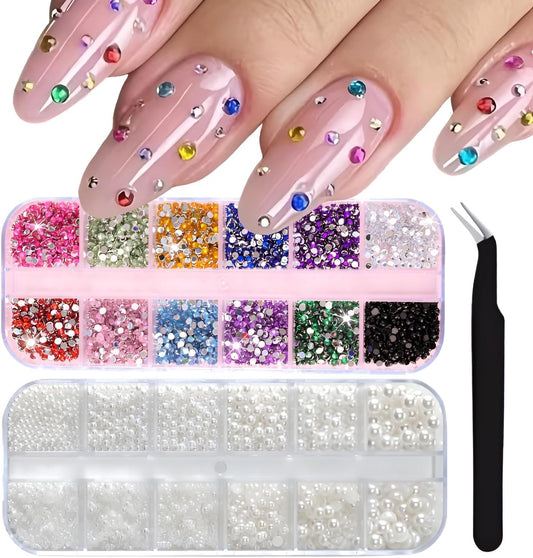 24 Grid Colorful Nail Charms 3D Flat Back Nail Rhinestone Half Round Pearl Nail Art Charms and Gems Kits Colorful Rhinestones for Crafting DIY Nail Art Makeup Decoration
