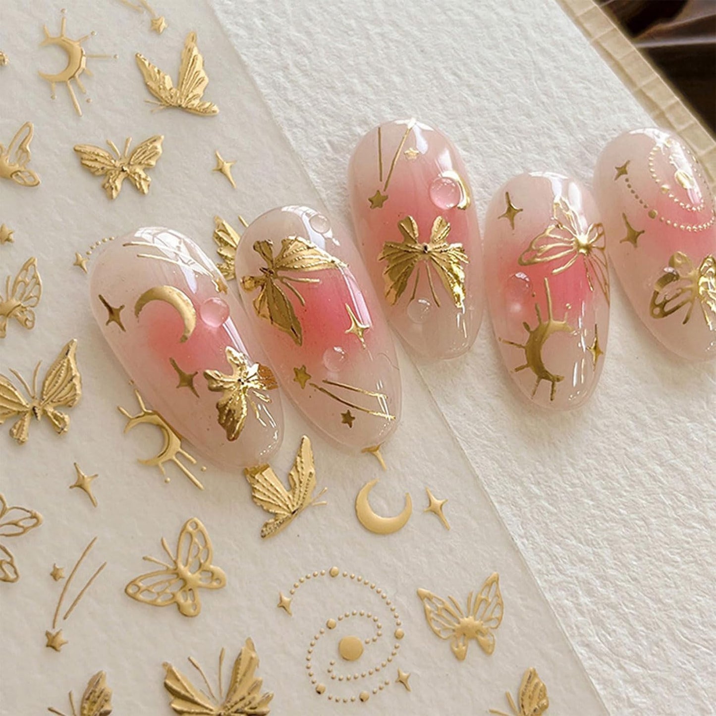 Gold Butterfly Nail Art Stickers Star Moon Nails Stickers Self-adhsive Nail Decals 5D Embossed Nail Design for Women Girls Nail Accessories