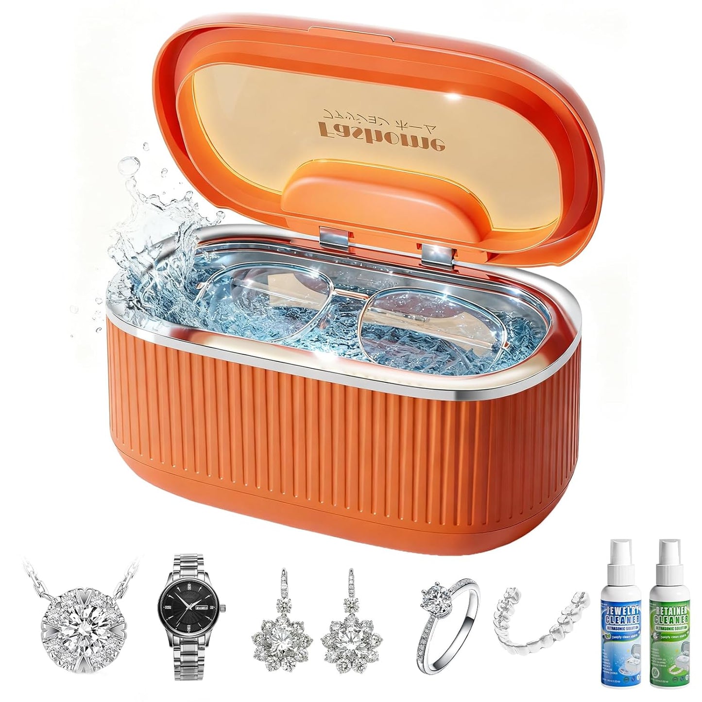 Ultrasonic Jewelry Cleaner Set with Basket/Holder - 45KHz 550ML w/Lights, 3 Powers 5 Timers & Degas Mode, 7oz Ultrasonic Cleaner Solution for Retainer, Rings, Eyeglasses, Dentures, Watches, Coins