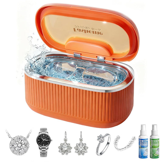 Ultrasonic Jewelry Cleaner Set with Basket/Holder - 45KHz 550ML w/Lights, 3 Powers 5 Timers & Degas Mode, 7oz Ultrasonic Cleaner Solution for Retainer, Rings, Eyeglasses, Dentures, Watches, Coins