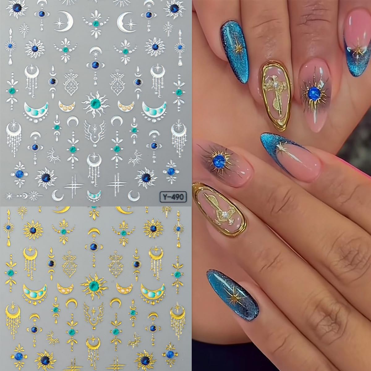 2 Sheets Star Sun Moon Nail Art Stickers 5D Embossed Gold Silver Nail Stickers Bohemian Style Blue Green Crystal Diamonds Design Star Nail Art Decals Manicure Slider for Women DIIY Nail Decorations
