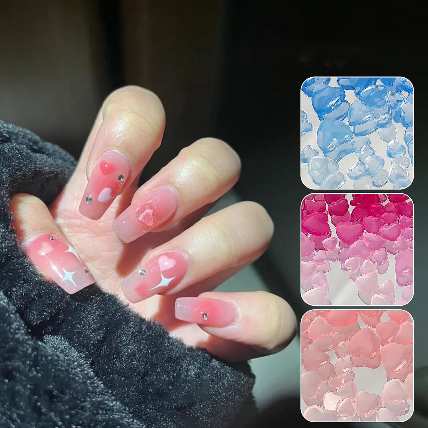 300Pcs Valentine's Day Nail Art Charms 3D Heart Change Color in Sunlight Nail Charms Orange Pink Blue Flat Back Mixed Size 4/6/8mm Nail Rhinestone Diamonds Gems Crystal Jewelry Acrylic Nail Supplies