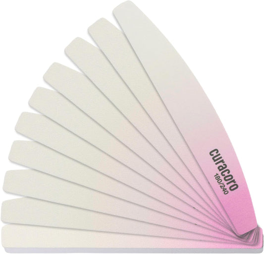Curacoro 10 PCS Nail File - Professional Half-Moon Nail Files Double Sided Emery Board (180/240 Grit), Washable Nail Files and Buffers, Smooths & Shapes Nails, Manicure & Pedicure Buffing Tools