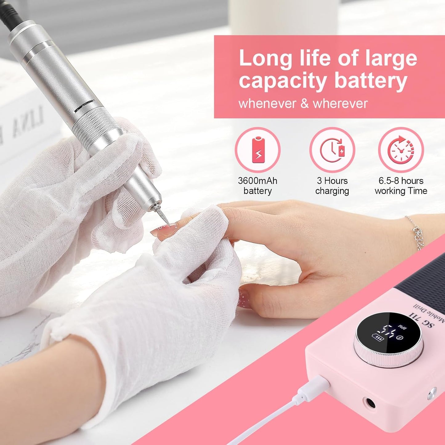 Electric 45000RPM Nail Drill Machine Rechargeable Portable Nail File Electric DIY Nail Drill Kit with Smart LCD Screen for Gel Nail Manicure and Pedicure Reflective Body etc (Pink)