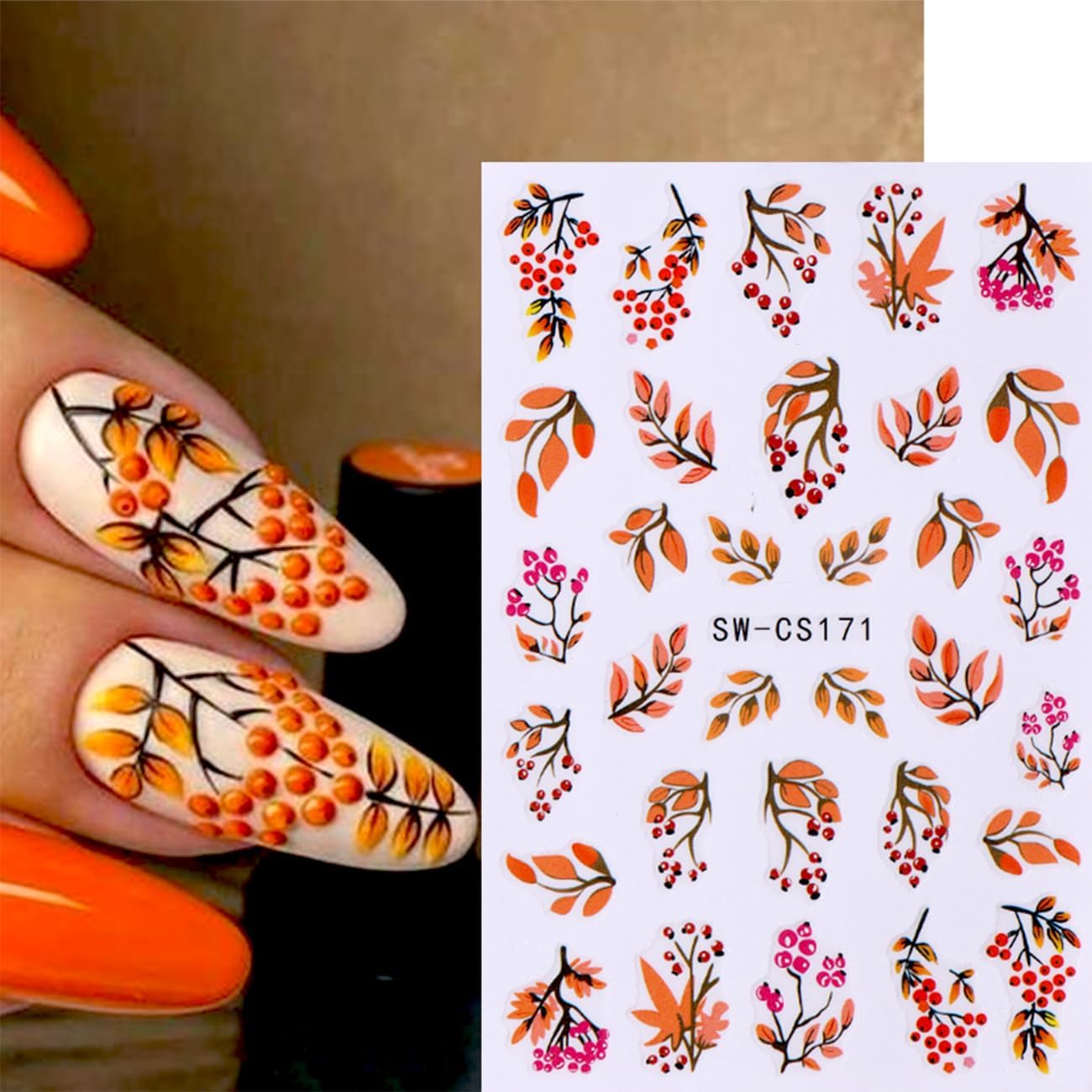 Autumn Leaf Nail Sticker - Fall Pumpkin Decals 3D Self-Adhesive Cute Leaves Supplies Thanksgiving Day Art Design DIY Manicure Decoration Tip Accessories 6 Sheets