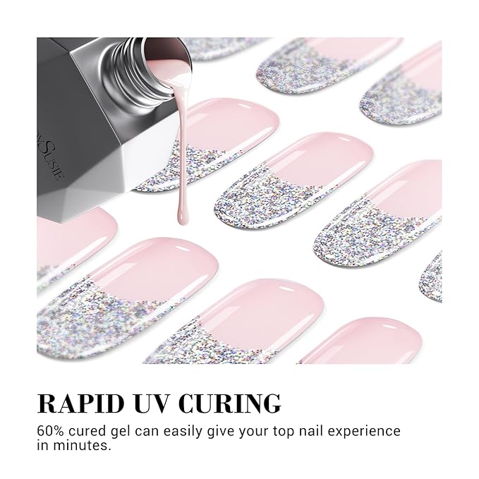MelodySusie 30PCS Semi Cured Gel Nail Strips (Sliver Glitter French Tips), Works with Nail lamp, Salon Quality, Long Lasting, Easy to Apply and Remove, Includes 2 Prep Pads, Nail File and Wooden Stick