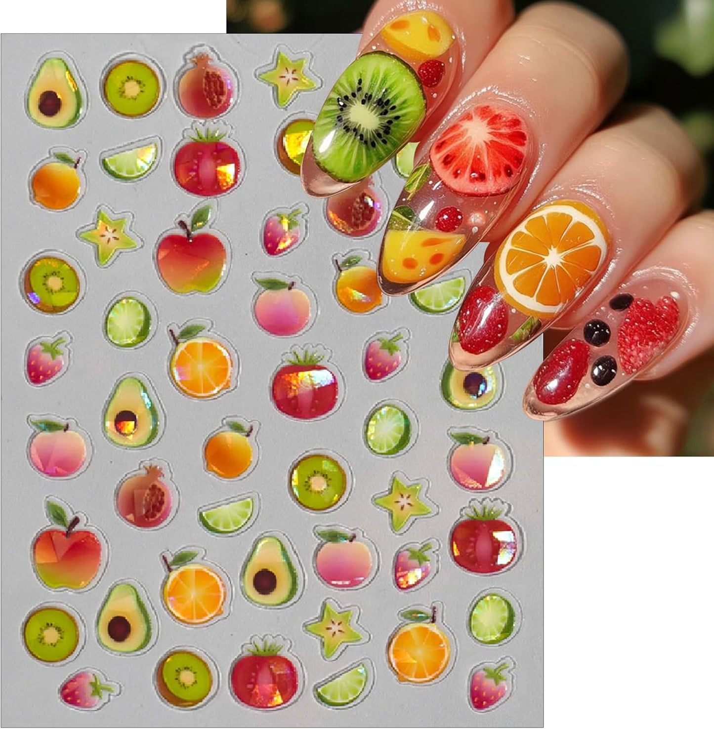 3 Sheets Summer Fruit Nail Art Stickers 5D Self-Adhesive Shell Light Embossed Lemon Orange Strawberry Nail Decals Cute Carambola Avocado Cherry Nail Supplies Women DIY Nail Art Decoration