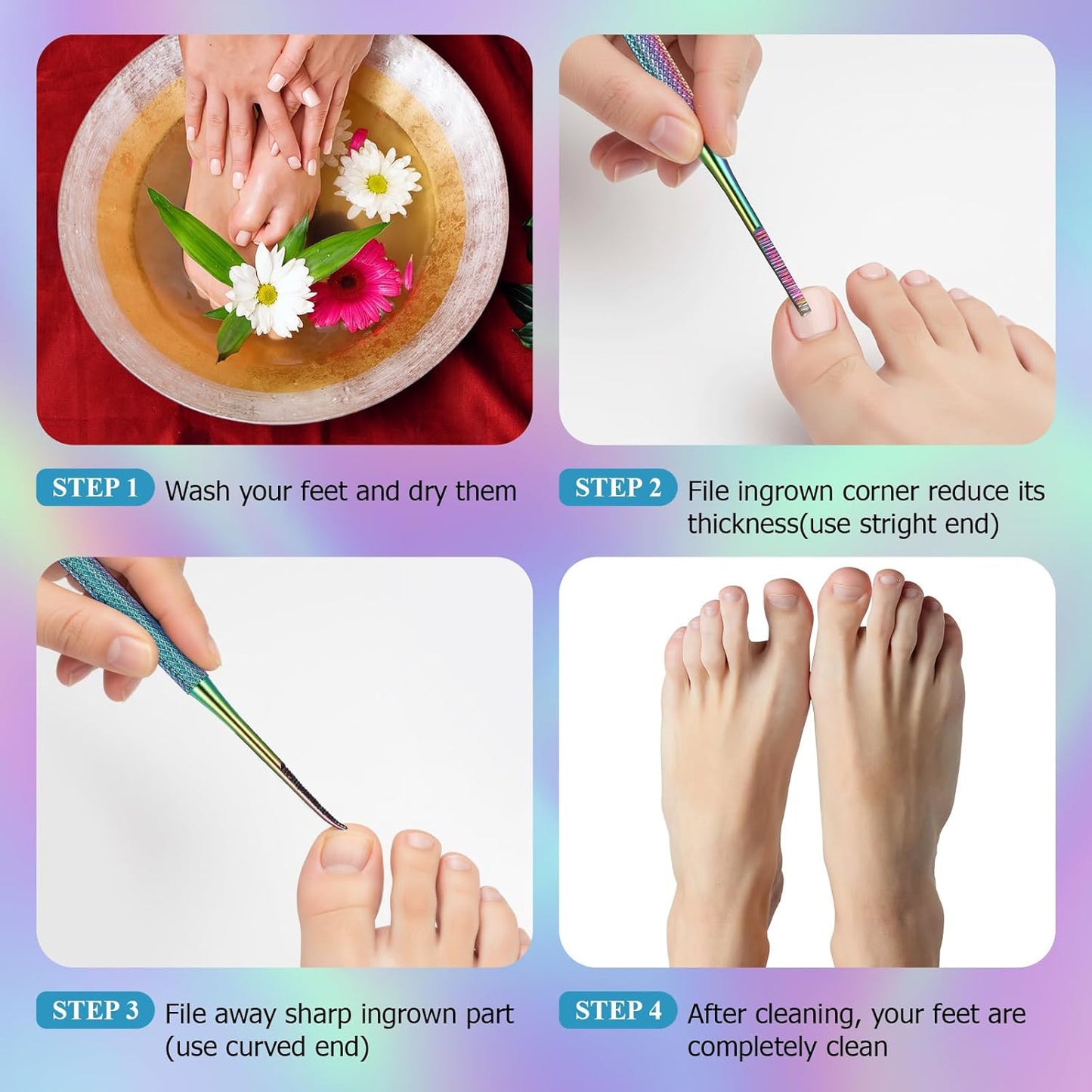 Mudder 6 Pack Ingrown Toenail Files Double Sided Toenail Lifters One Side Flat and One Side Curved Stainless Steel Manicure Treatment Removal Pedicure Tools for Feet Under Nail Cleaner (Rainbow)