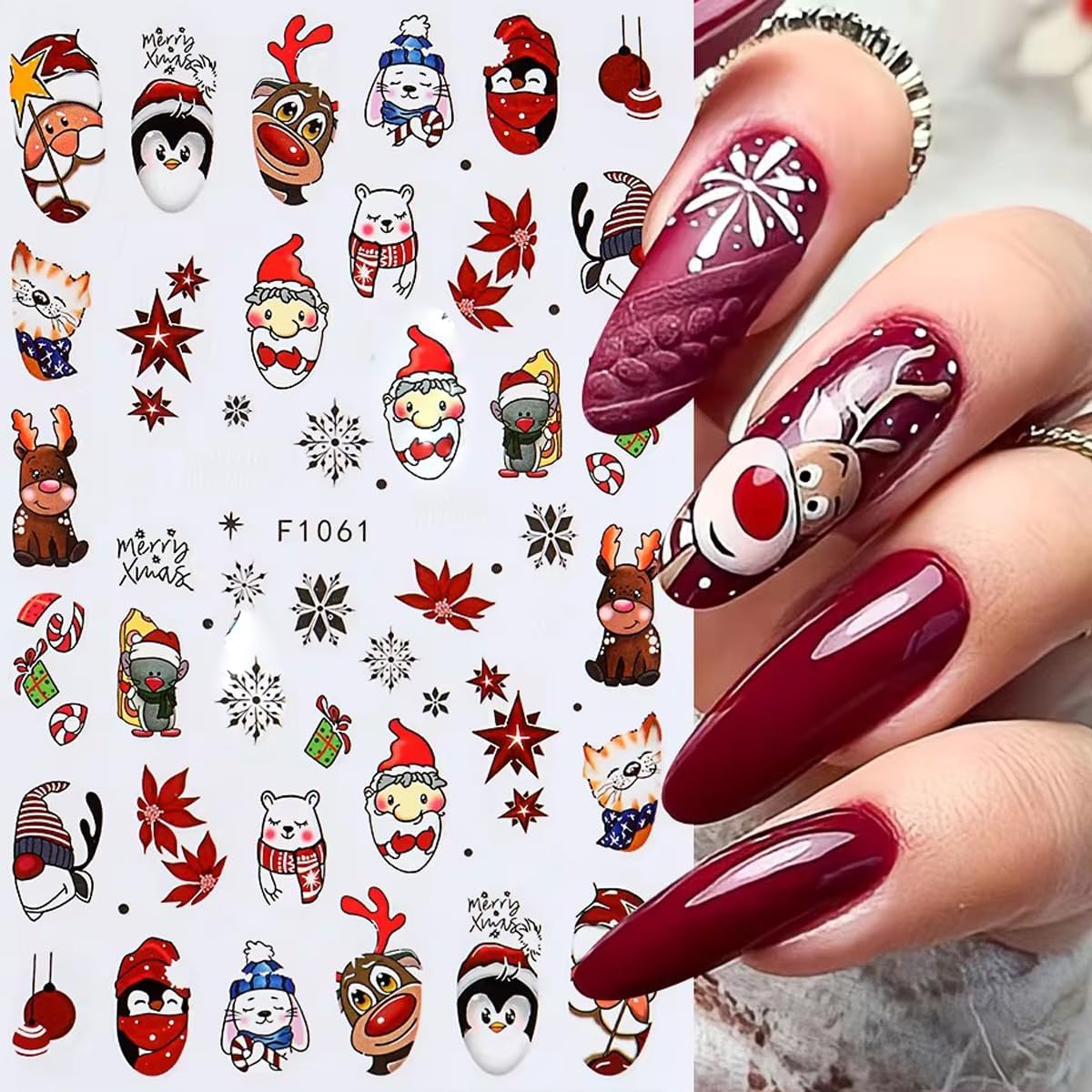 10PCS Christmas Nail Stickers for Kit- 3D Xmas Winter Nail Decals with Cartoon Elk Snowflake Santa Claus Snowman Bell Reindeer Bell Tree Design Holiday DIY Manicure New Year Christmas Nail Decoration