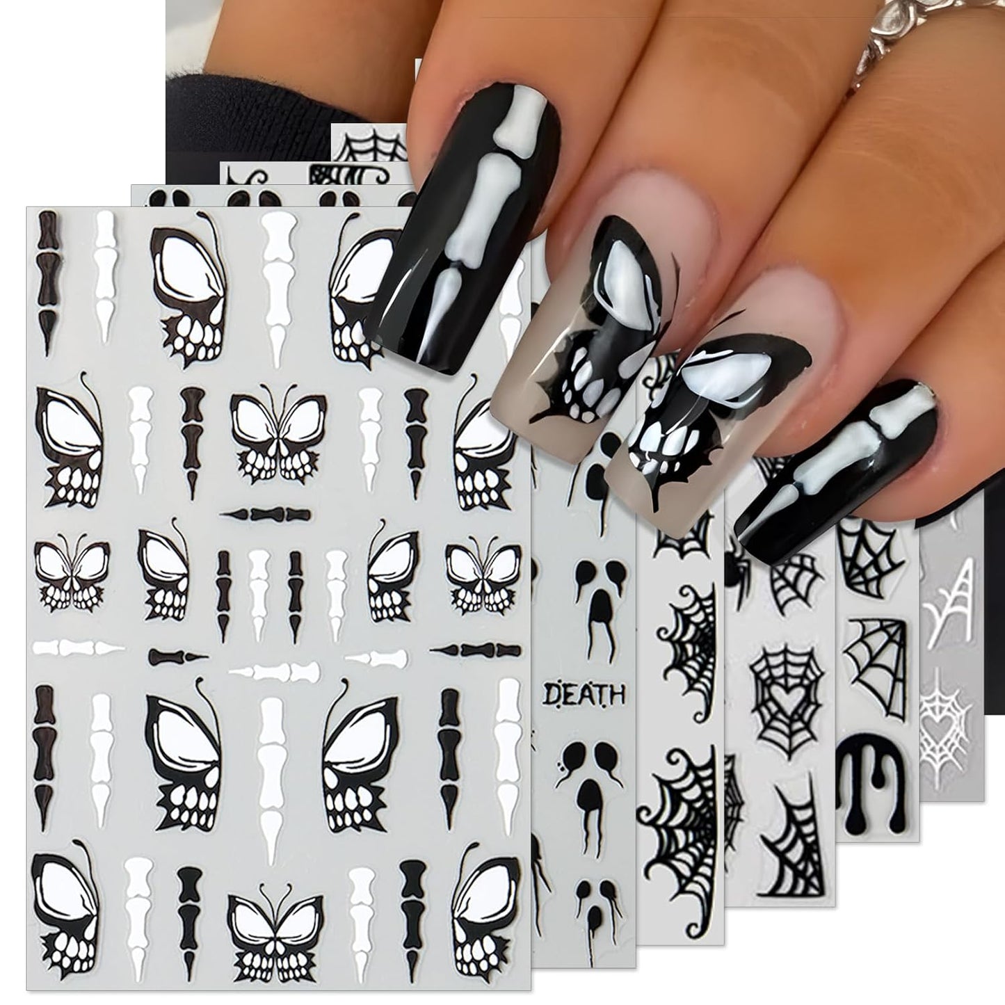 Halloween Horror Nail Stickers, Death Terrifying Face Butterflies Skull Self-Adhesive 3D Nail Art Decals for DIY Black Spider Web Manicure (6 Sheets)