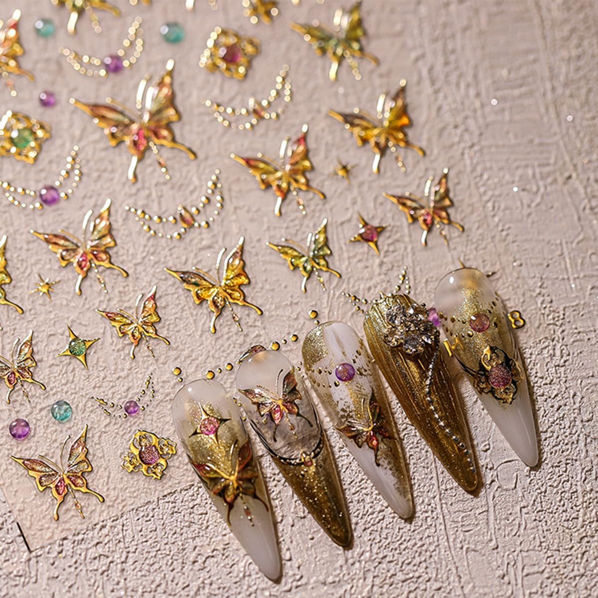 Gold Butterfly Nail Art Stickers - 5D Embossed Butterflies & Flowers Nail Decals - Self Adhesive Luxury Shiny Nail Design Stickers for Women & Men Manicure Decoration