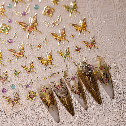 Gold Butterfly Nail Art Stickers - 5D Embossed Butterflies & Flowers Nail Decals - Self Adhesive Luxury Shiny Nail Design Stickers for Women & Men Manicure Decoration
