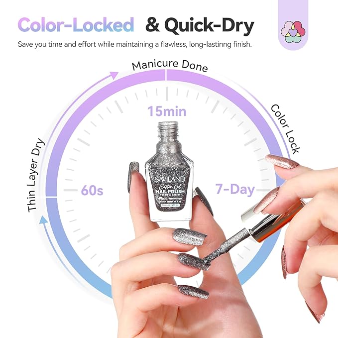 SAVILAND Color Artistry Glitter Nail Polish Set: 6pcs Holographic Diamond Sparkle Shades Fingernail Polish Non-Gel, Quick-Dry & 7 Days Nail Lacquer Kit for Women Manicures Toe Nail Art DIY Salon Home