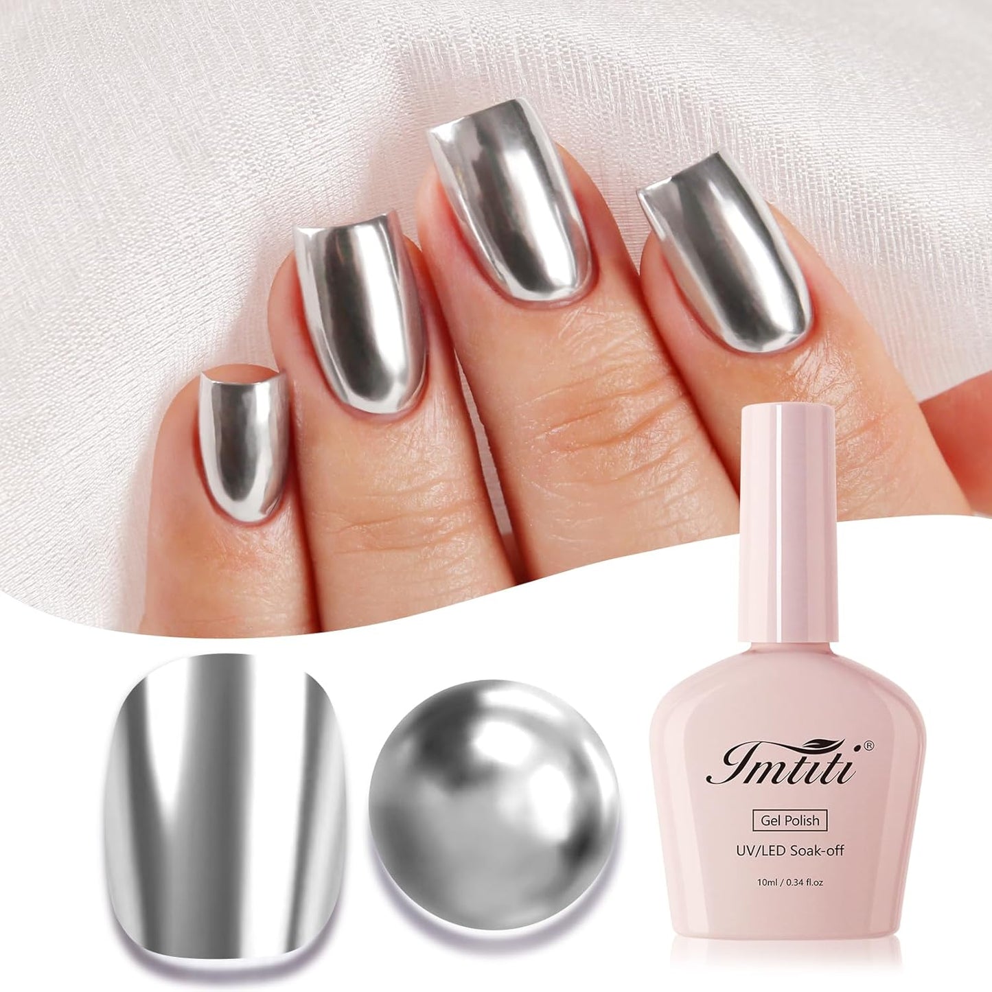 Imtiti Metallic Gel Nail Polish, Chrome Mirror Shine Gel Polish High Gloss Soak Off UV LED Metallic Silver 3D Drawing Mirror Manicure Salon DIY Design 10ML