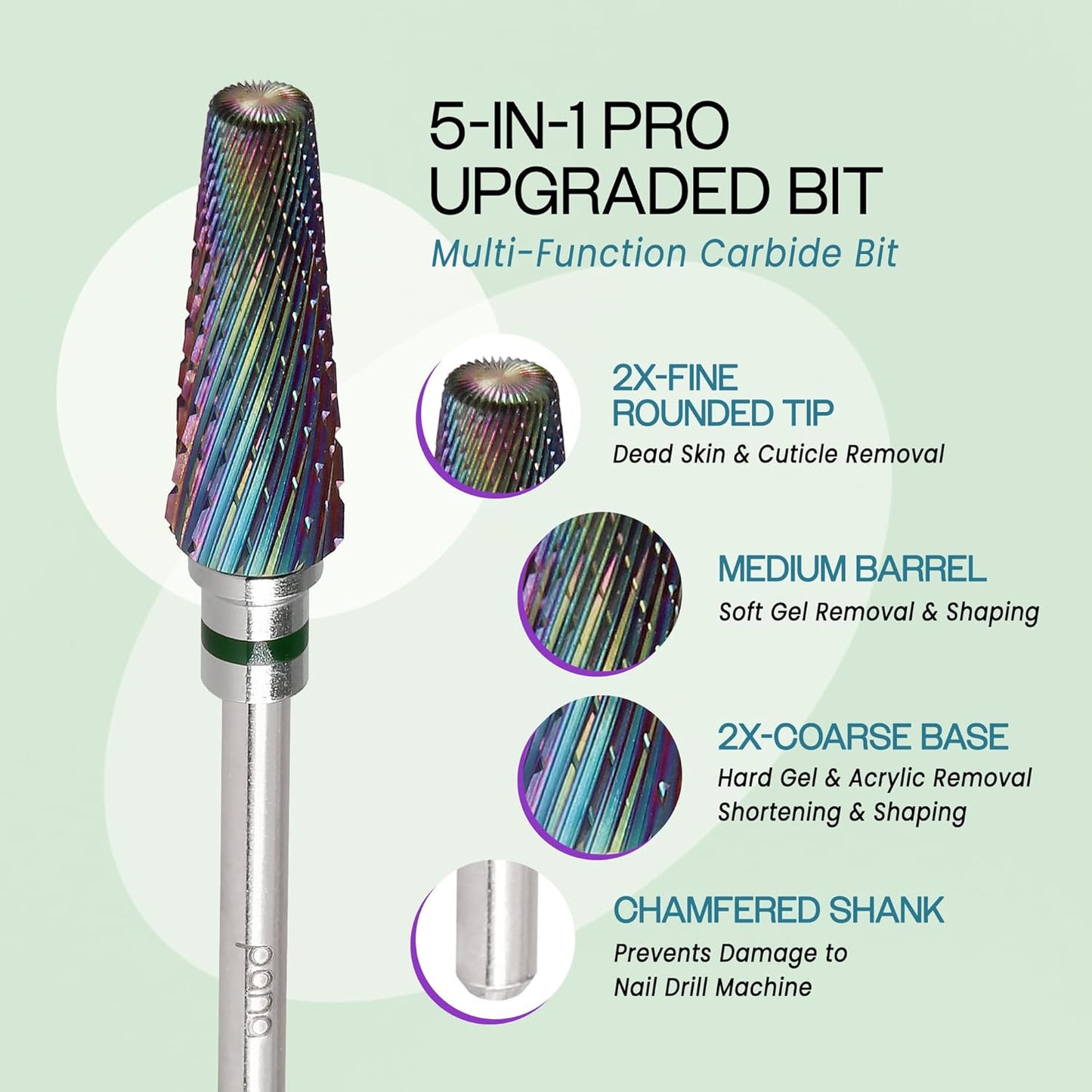 PANA 5-in-1 Pro Upgraded Multi-Function Drill Bit 3/32" Shank Size - (Rainbow, 2X Coarse to 2X Fine) - Mix Size Tungsten Drill Bit Fast Remove Acrylic Hard Gel Nail for Manicure Pedicure