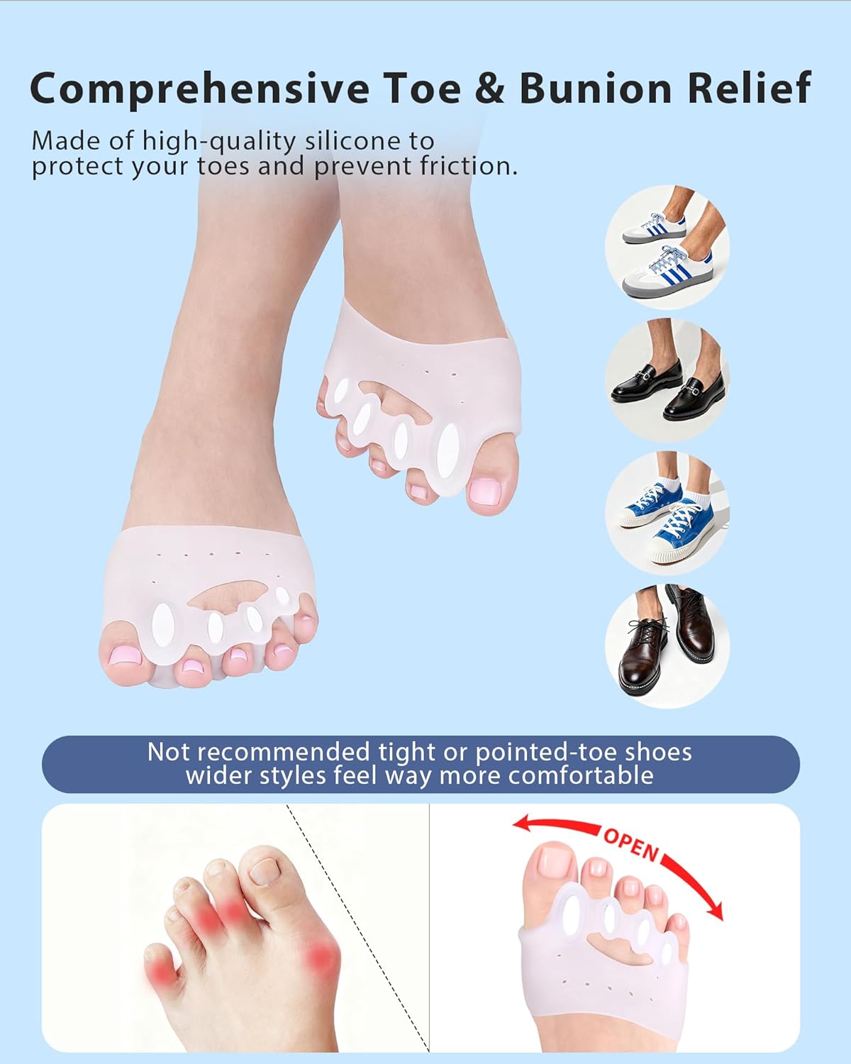 Adjustable Silicone Toe Separators, Spacers Bunion Corrector for Women Men, Toe Straightener,Breathable Soft and Comfortable Silicone Foot Cushions (4 Pairs)