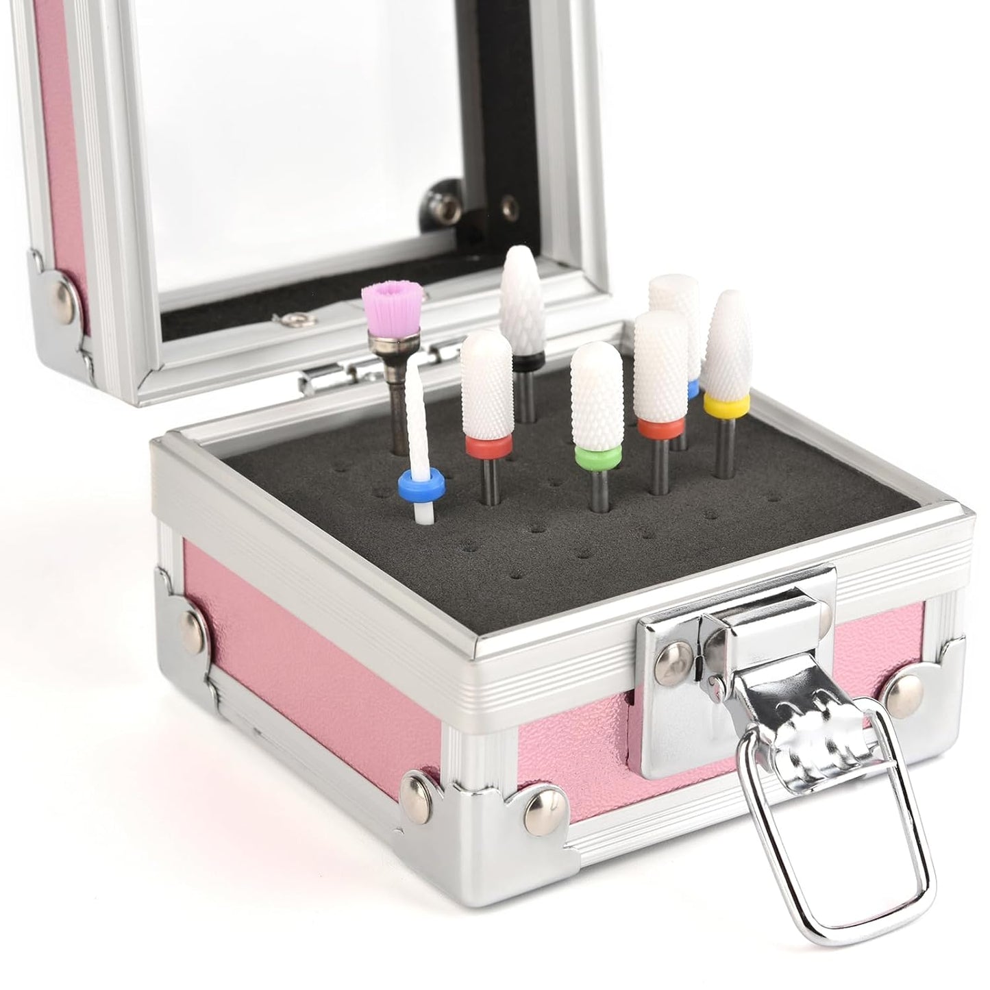 Professional 25 Holes Nail Drill Bits Box Container Nail Drill Grinding Bit Holder Nail Polish Head Storage Box Nail Tools Organizers Container Display Storage Box Manicure Tool (Silver)