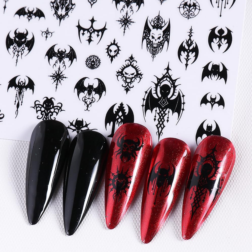 Halloween Nail Art Stickers Decals 3D Gothic Nail Stickers 6PCS Black Skulls Bat Gothic Architecture Design Self-Adhesive Nail Decals Y2K Manicure Accessories for Women Holiday Nail Art Decorations