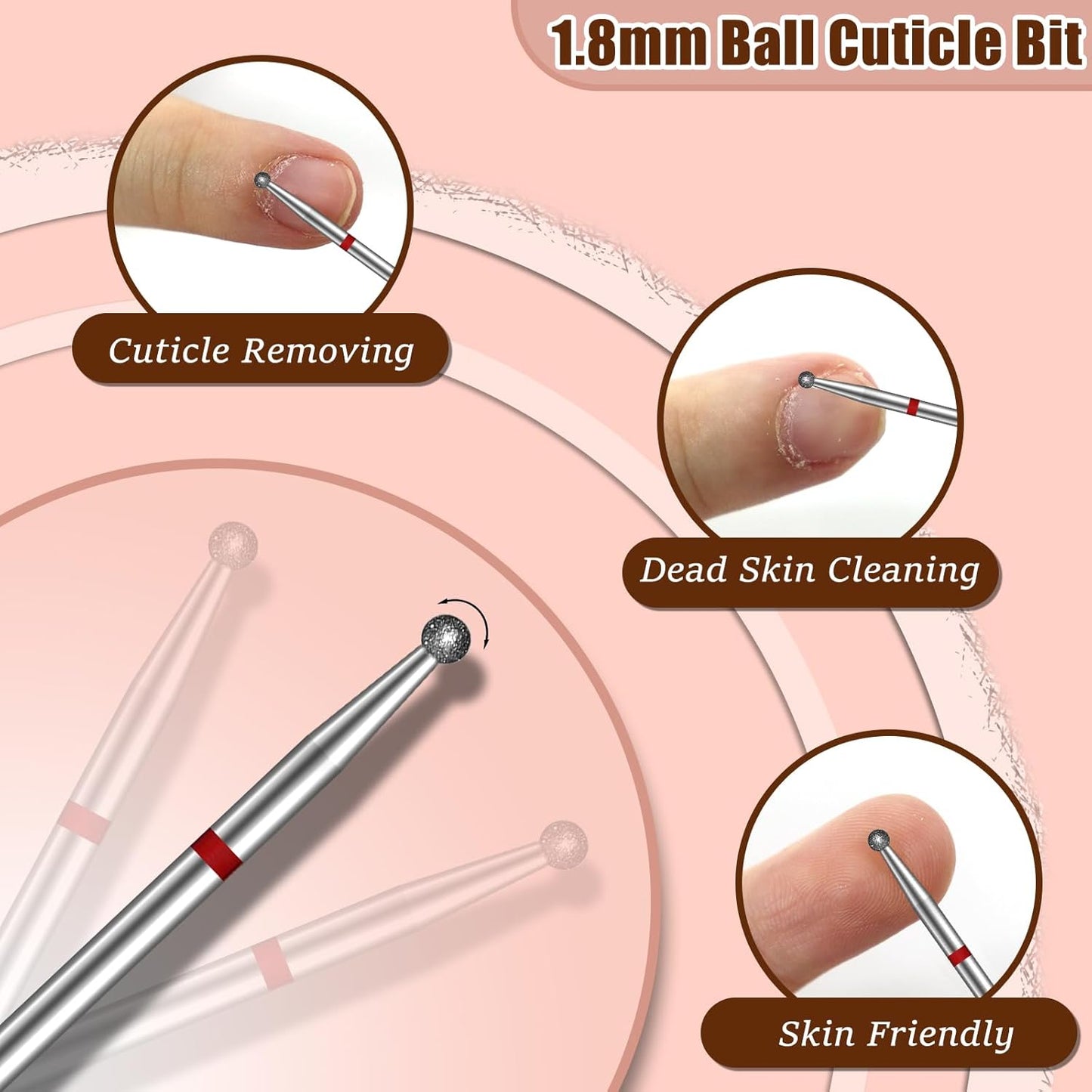 1.8mm Ball Shape Cuticle Clean Nail Drill Bit 3/32'', Professional Safety Carbide Diamond Under Nail Cleaner for Sidewall Dead Skin Cleaning Nail Prepare, Manicure Pedicure Shape Remove Tools, Fine