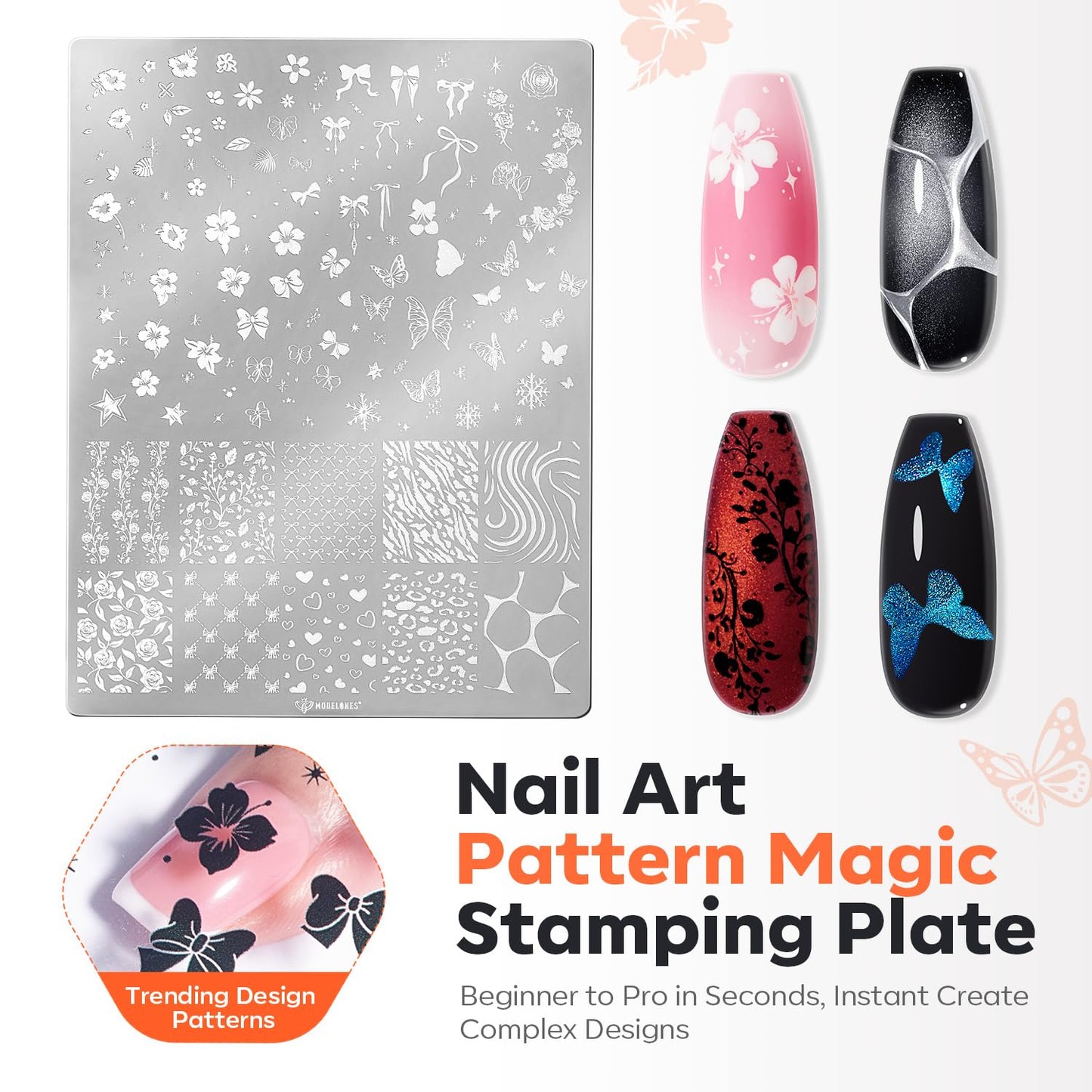 modelones 16 PCS Gel Nail Polish Stamping Plate Set, French Tip Tool Stamper & Scraper, Gold Silver Pearl Chrome Powder Proof Matte Top Coat 2 Colors Painting Gel for Nail Art Fall Manicure Gift Kit