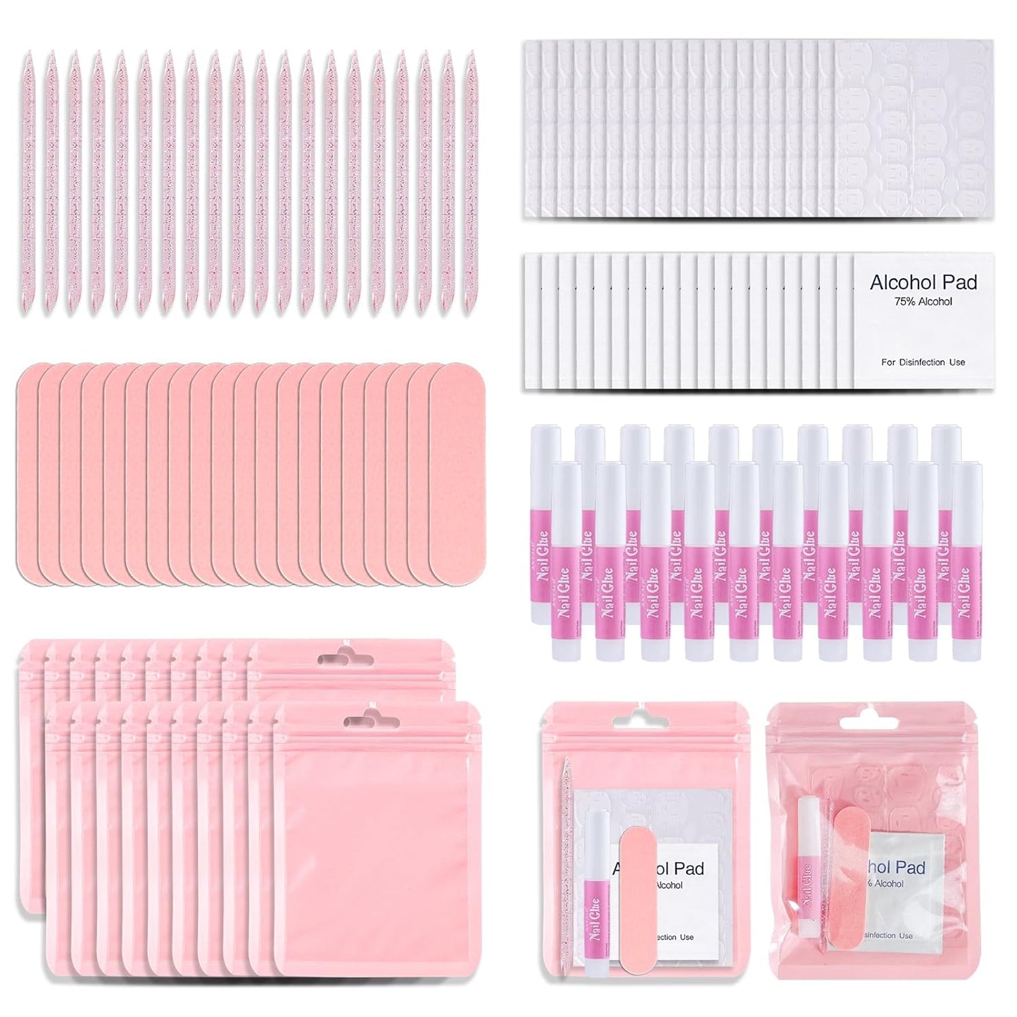 Press On Nail Tool Kit with Everything, Bebbtiy Press On Nail Prep Tool Kit Disposable Manicure Kit with Nail File, Nail Glue, Prep Pads, Adhesive Nail Tabs, Wood Stick, Packaging Bag (20pcs-pink)