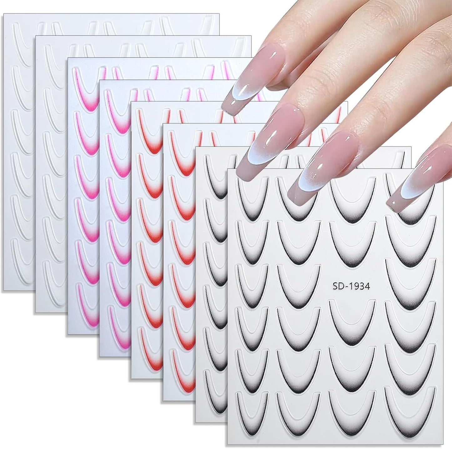 3D French Tip Nail Stickers Kit - Reusable Self-Adhesive Nail Art Decals with Geometric Patterns, DIY Manicure Designs for Women, 10 Sheets Easy Apply Salon-Quality
