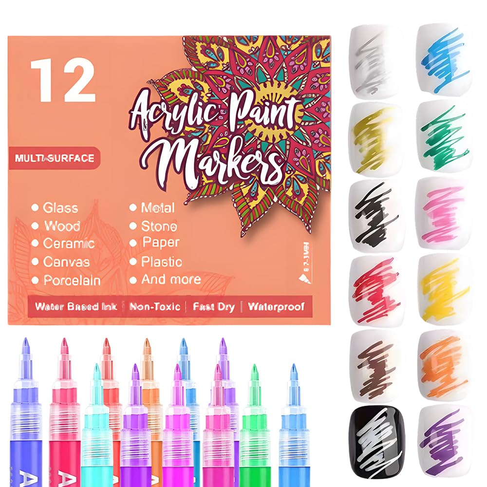 12 Colors Nail Art Pens for Painting Nails, 0.7mm Acrylic Paint Makers DIY Nail Art Markers for Kids and Adults, Quick-drying Nail Polish Pens Doodle Pens for Drawing Point Liner