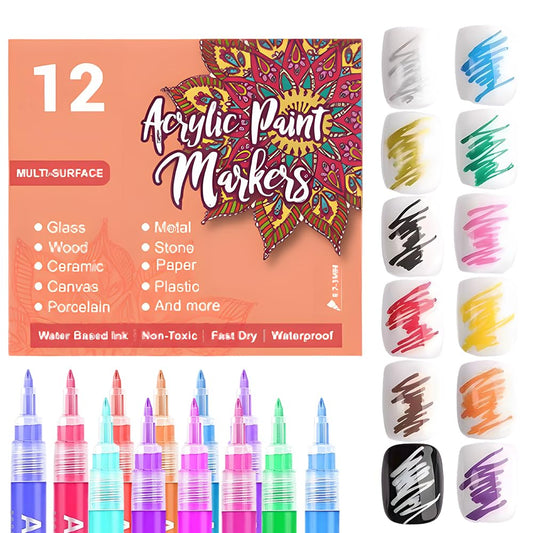 12 Colors Nail Art Pens for Painting Nails, 0.7mm Acrylic Paint Makers DIY Nail Art Markers for Kids and Adults, Quick-drying Nail Polish Pens Doodle Pens for Drawing Point Liner