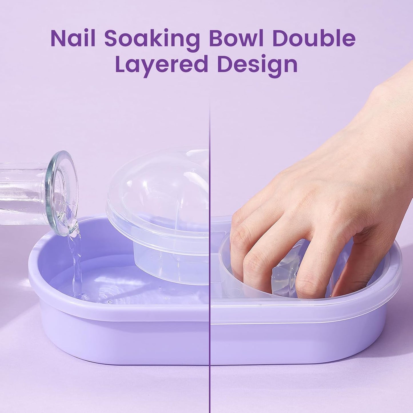 Quaferen Dual Nail Soaking Bowl: 2-in-1 Nail Polish Remover Manicure Bowl with Cuticle Tools for Women, Time-Saving Soak Off Acrylic Nail Removal Kit for Salon Home (Normal Size, Purple)