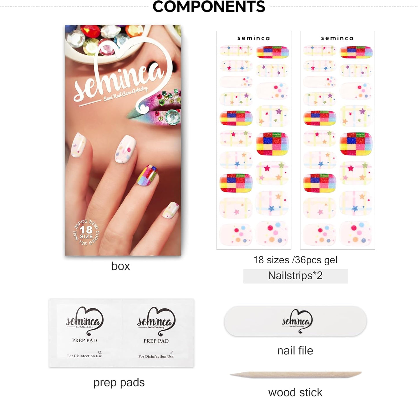 Semi Cured Gel Nail Strips-Salon Quality Semi-Cured Gel Press On Nails Stickers Strengthening Quick DIY Nail Art Manicure Kits for Women at Home(Rainbow Bomb)