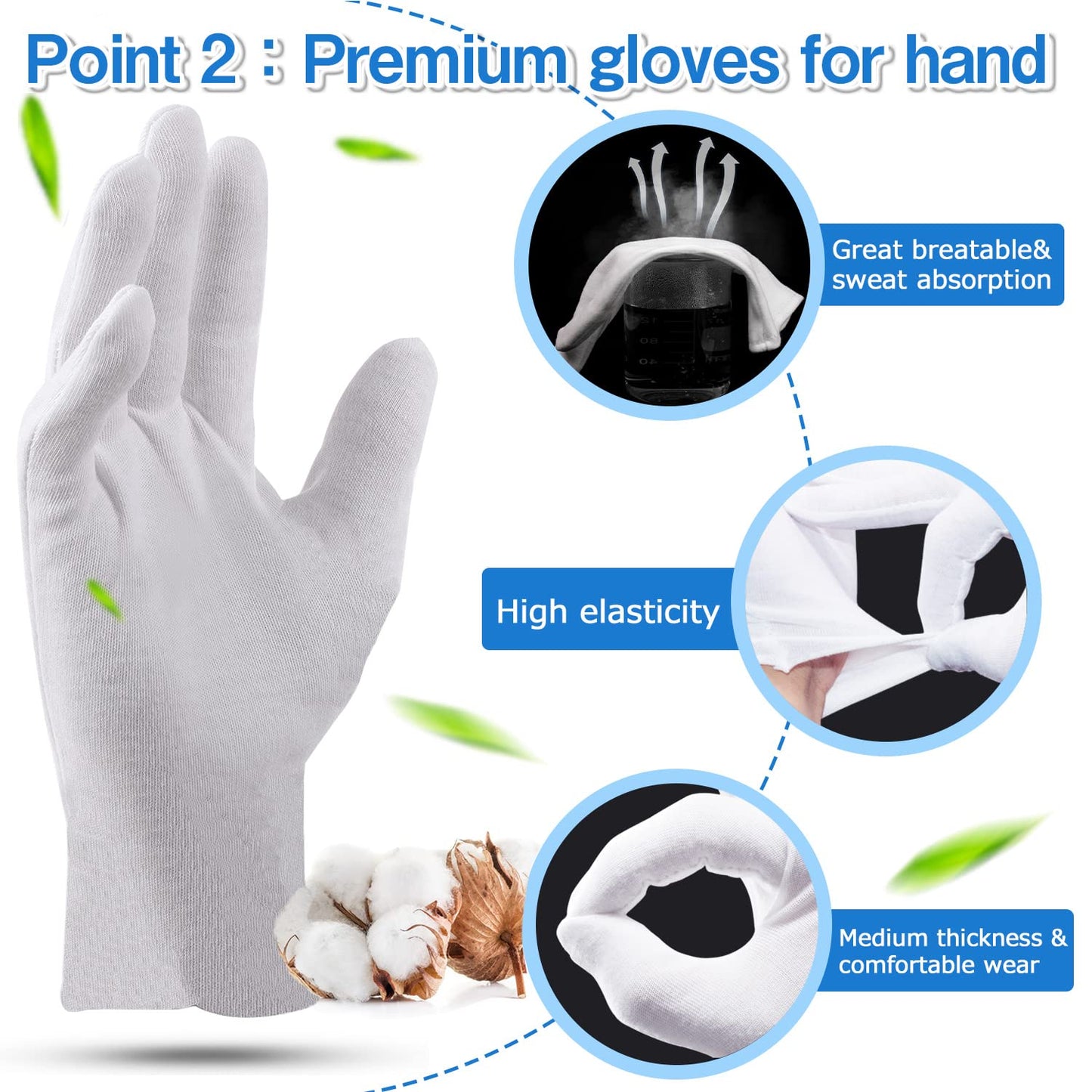 24pcs White Cotton Gloves, Cotton Gloves Eczema for Dry Hands White Gloves Women and for Men Washed Glove Liners for Spa Lotion Coin Jewelry Silver Inspection(XL)