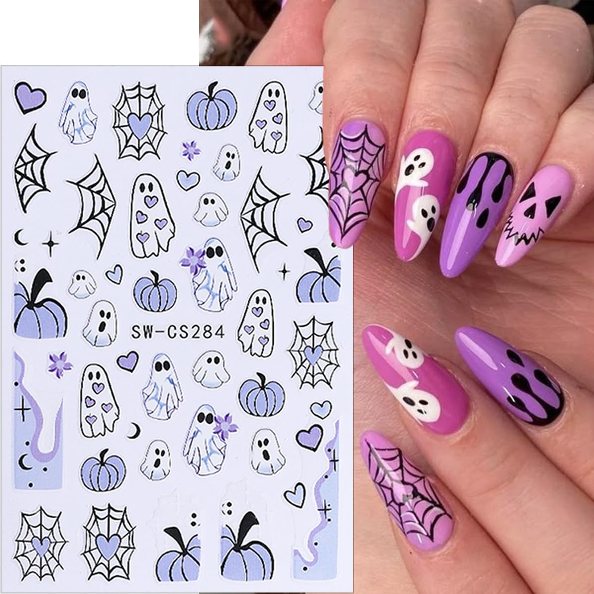 8 Sheets Halloween Nail Art Stickers Decals Cute Ghost Pumpkin Black Cat Bat Spider Web Design Nail Stickers Supply 3D Self-Adhesive Nail Decals for Halloween Party Nails Decoration DIY Manicure Tips
