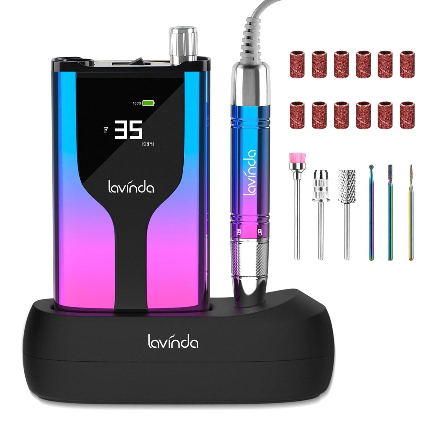 Lavinda Professional Rechargeable Nail Drill Machine, Cordless 35,000RPM Skyspace Brushless Nail Drill, Portable Electrical Nail File for Acrylic Nails with Protective Case, Gradient Blue & Purple