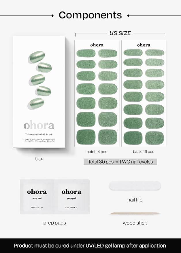 ohora Semi Cured Gel Nail Strips (N Matcha Chrome) - Works with Any Lamps, Salon-Quality, Long Lasting, Easy to Apply & Remove - Includes 2 Prep Pads, Nail File & Wooden Stick