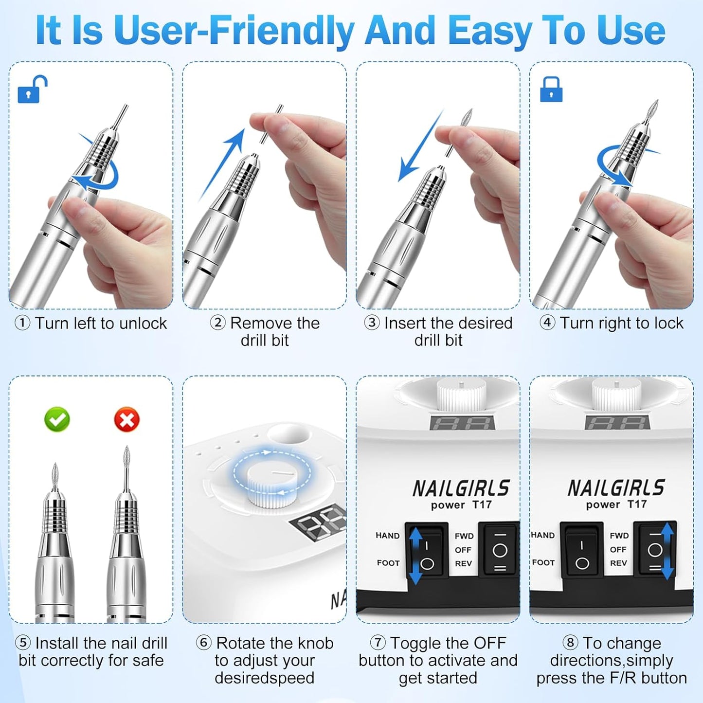 Electric Nail Drill Professional Machine,NAILGIRLS Electric Nail File E-File Nail Drill Kit for Gel Acrylic Nails,Portable 35000RPM Manicure Pedicure Polishing Shape Tools for Home Salon Use