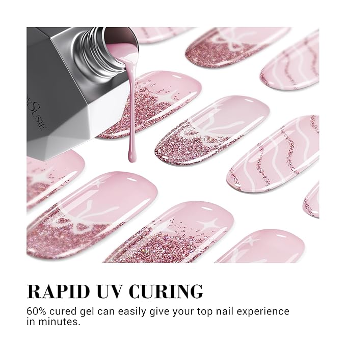 MelodySusie 30PCS Semi Cured Gel Nail Strips (Sweetie Pink Glitter), Works with Nail lamp, Salon Quality, Long Lasting, Easy to Apply and Remove, Includes 2 Prep Pads, Nail File and Wooden Stick