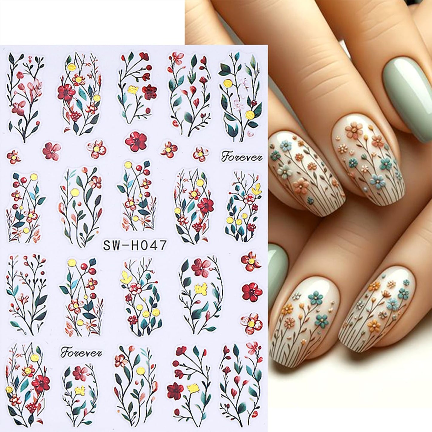 Flower Nail Stickers for Nail Art 3D Self-Adhesive Lily Hibiscus Tulip Flowers Nail Stickers Fall Floral Nail Decals Supplies for Women DIY Manicure Supplies Accessories 4 Sheets