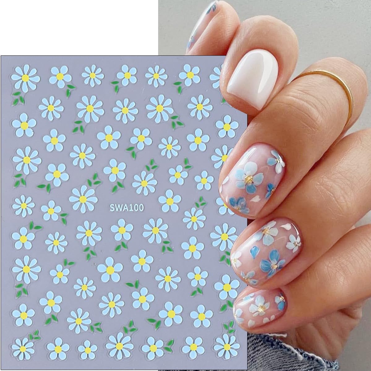 6Sheets Colorful Flower Nail Art Stickers 3D Floral Nail Decals Spring Wildflower Daisy Nails Design Stickers White Blue Pink Flower Sticker Cute Nails Supplies Decoration for Women Girls Manicure